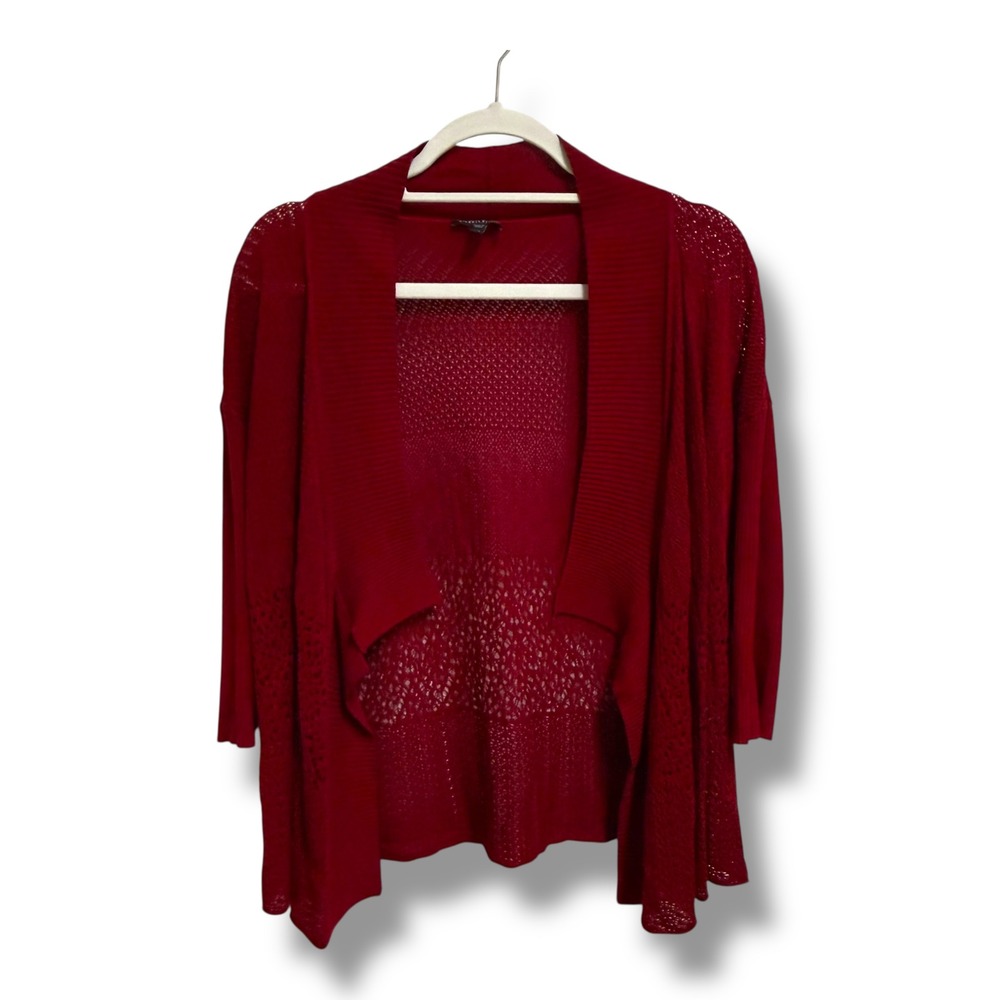 Eileen Fisher Petite Silk Blend Pointelle Open Front Cardigan Red PM 3/4 Sleeve